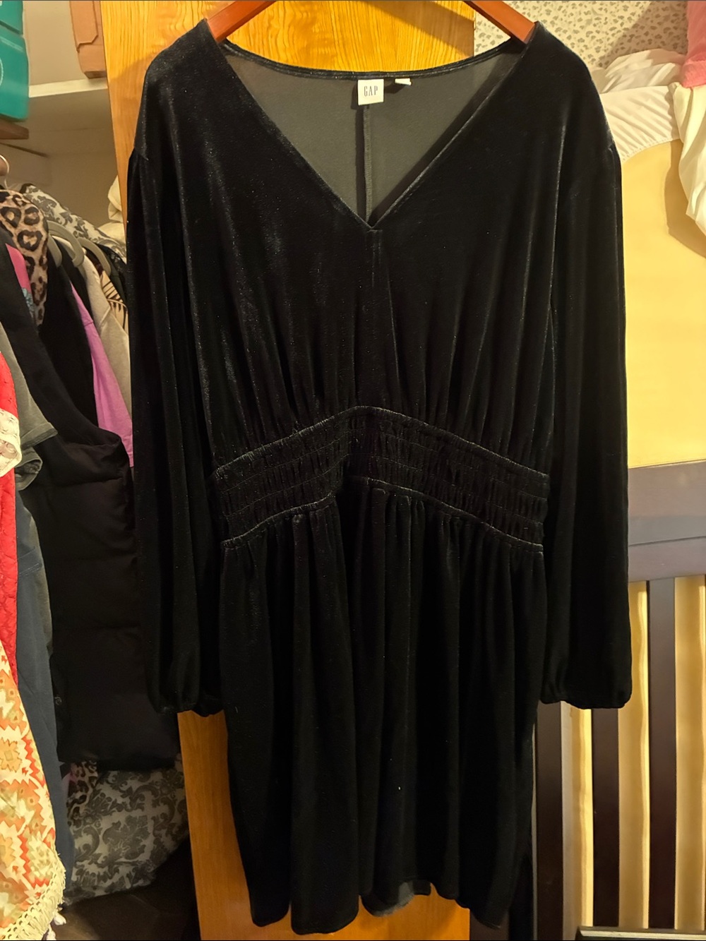 GAP Black Velvet V‑Neck Smocked Waist Dress
